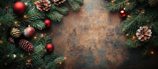 Poster - Spruce branches and decorations arranged on the table Christmas arrangement top view copyspace