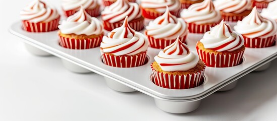 Aufkleber - A muffin tray featuring red and white striped cupcake liners positioned on a white background with copyspace