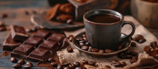 Poster - sweet hot beverage black coffee with beans in a white bag on a wooden table alongside dark chocolate strips and a copper cezve. with copy space image. Place for adding text or design