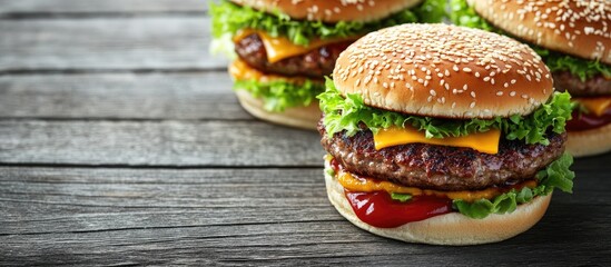 Poster - Delicious homemade burgers topped with lettuce ketchup cheese and chicken on a gray wooden surface Copyspace