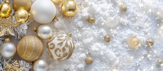 Wall Mural - Gold and white Christmas ornaments on a white background Merry Christmas card Winter holidays theme Happy New Year Room for text. with copy space image. Place for adding text or design