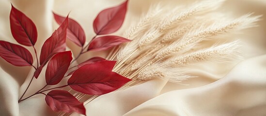 Fototapete - Selective focus on red autumn leaves beside a bouquet of Miscanthus sinensis Chinese silver grass with seeds on a beige fabric background copy space