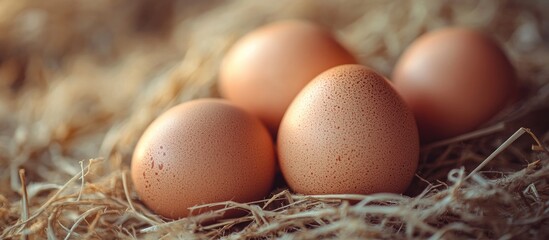 Poster - Close up of fresh brown eggs on hay. with copy space image. Place for adding text or design