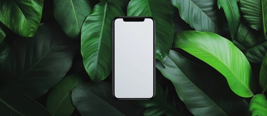 Poster - A blank phone on a green leaf is ideal for presentations. with copy space image. Place for adding text or design