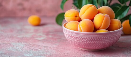 Wall Mural - Fresh sweet orange apricots in a pink bowl on a pink concrete table surface selective focus shallow depth of field. with copy space image. Place for adding text or design