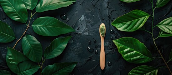 Poster - Wooden toothbrushes and green leaves on a black background Zero waste idea Space for text Top view. with copy space image. Place for adding text or design