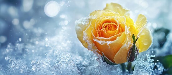 Fototapete - Frozen yellow rose beneath melting ice authentic winter photography. with copy space image. Place for adding text or design