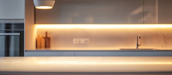 Aufkleber - Abstract blurred image of a kitchen with soft lighting for background use Blurred interior background concept in white tones. with copy space image. Place for adding text or design