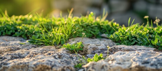 Poster - Close up of a large stone on green grass providing copy space for text and showcasing a textured background