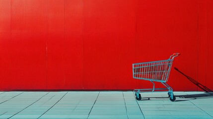 A lone shopping cart rests beside a vibrant red wall in an urban area during the afternoon hours