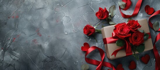 Holiday background for Valentine s Day featuring a bouquet of red roses tied with a red ribbon alongside a wrapped gift box set on a gray stone table Copy space top view