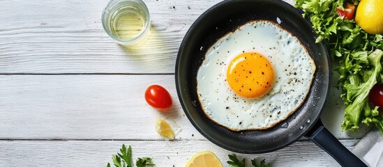 Leinwandbilder - Breakfast table Fried egg in a frying pan on a white wooden surface accompanied by a salad and lemon water. with copy space image. Place for adding text or design