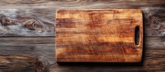 Poster - Empty cutting board on a wooden surface Kitchen board Room for text Top view. with copy space image. Place for adding text or design