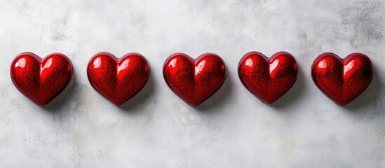 Aufkleber - Eight textured red hearts are arranged in a row on a white or gray background a St Valentine s Day backdrop featuring space for text minimalistic style. with copy space image