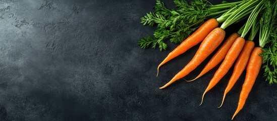 Wall Mural - Fresh carrots with green tops on a dark background A concept of healthy eating Top view image featuring copy space