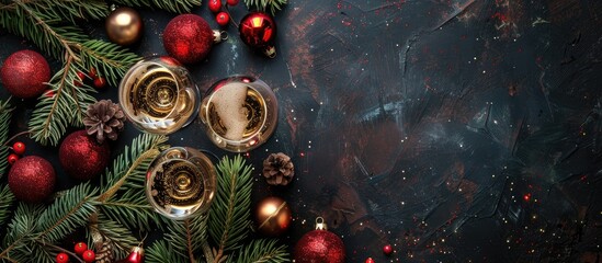 Aufkleber - Champagne glasses on a dark background Christmas ornaments and fir branches New Year Copy space