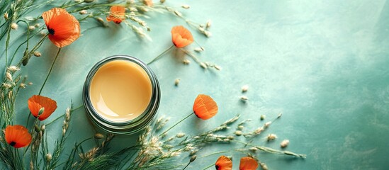 Poster - Natural organic salve balm cream infused with poppies and wheatgrass. with copy space image. Place for adding text or design