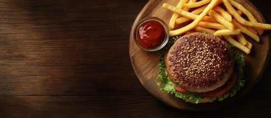 Leinwandbilder - Two grilled hamburger patties with fries served on a wooden plate. with copy space image. Place for adding text or design