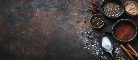 Poster - Cooking spices alongside kitchen utensils on a vintage backdrop. with copy space image. Place for adding text or design