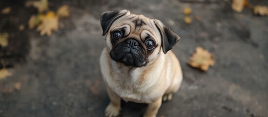 Poster - Adorable pug dog sitting on the ground From above the cute pug sits in the park and looks away. with copy space image. Place for adding text or design