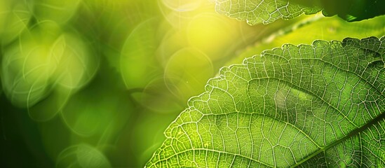 Close up of a green leaf with a blurred greenery background providing copy space suitable for a natural plants landscape or ecology wallpaper concept