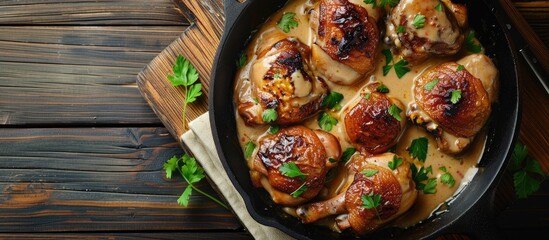 Poster - Fried chicken liver with cream sauce in a black cast iron pan wooden backdrop top view copy space