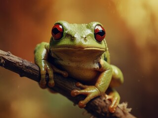 Close-up of a Green Tree Frog Perched on a Branch