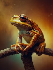 Close-up of a Green Tree Frog Perched on a Branch