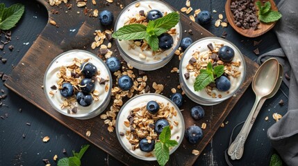 Wall Mural - Delicious yogurt parfaits topped with fresh blueberries and mint. These healthy snacks are perfect for breakfast or dessert. Enjoy a simple, tasty treat for any time of the day. AI