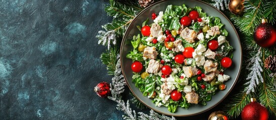 Aufkleber - Winter Christmas salad Tasty salad featuring Chinese cabbage feta cherry tomatoes and canned tuna on a holiday table Copy space