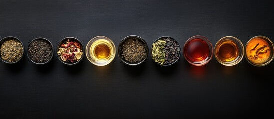 Poster - Flat lay arrangement featuring various dry teas and a hot drink on a black table Area for text. with copy space image. Place for adding text or design