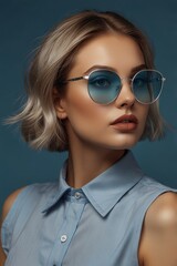 Wall Mural - Caucasian beautiful silver girl posing in eyeglasses on camera