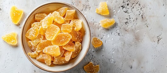 Poster - Sweet and Spicy Candied Ginger in a Bowl on a light backdrop Copy space