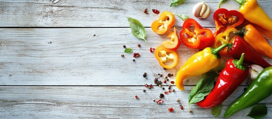 Canvas Print - Image of sliced colorful peppers on a white wooden table. with copy space image. Place for adding text or design