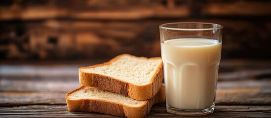 Aufkleber - Dry rusk bread and a glass of milk set against a wooden background Healthy breakfast option. with copy space image. Place for adding text or design