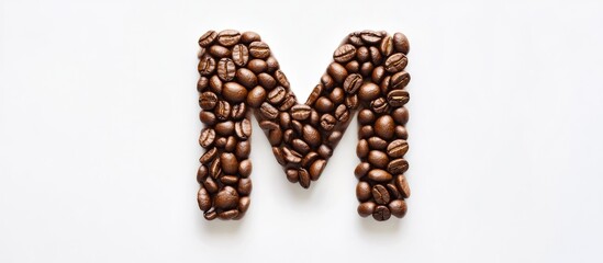Aufkleber - The letter m formed from roasted coffee beans on a white background from a top view can be used for your messages. with copy space image. Place for adding text or design