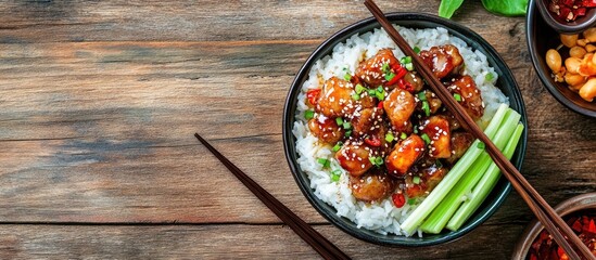 Poster - Grilled deep fried pork belly in a bowl with rice celery chili pepper and spring onion with chopsticks on an aged wooden surface Flat lay copyspace