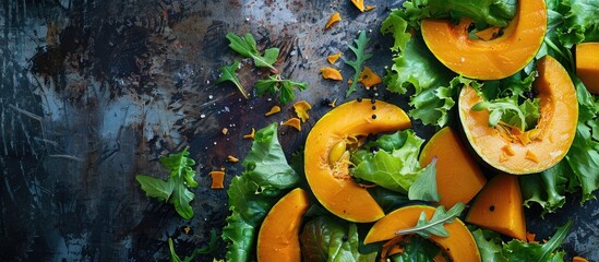 Poster - Pumpkin salad with green leaves and lettuce a healthy meal or snack ingredient displayed on the table from a top view perspective with copy space for text set against a rustic food background