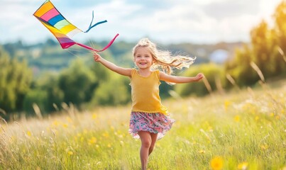 happy child girl with a kite running on meadow in summer, Generative AI