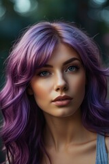 Wall Mural - Portrait woman bright colored flying hair, all shades purple blue