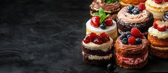 A variety of vibrant natural sweet cakes set against a black background Copyspace for text Concept of delicious cakes Food backdrop Close up view