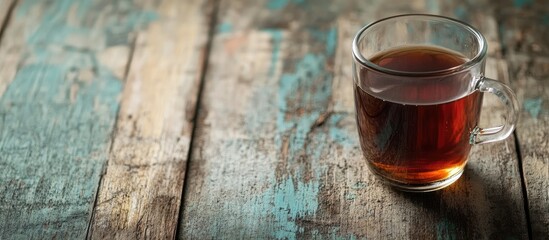 Poster - Glass cup of tea on aged wooden surface. with copy space image. Place for adding text or design