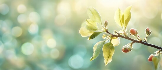 Wall Mural - Apricot branch featuring the first delicate leaves of spring in sunny weather copyspace