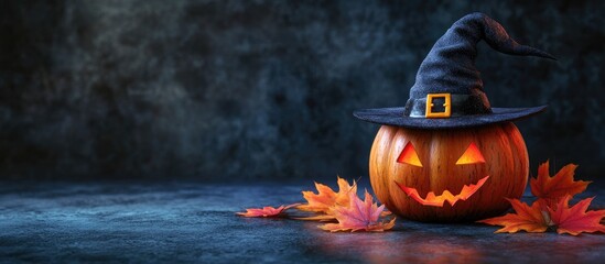Poster - A pumpkin donning a Halloween witch hat with maple leaves against a dark background. with copy space image. Place for adding text or design