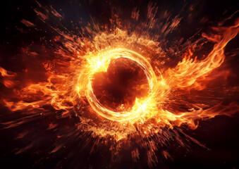 Wall Mural - Burning fire circle and black background. fiery explosion background.