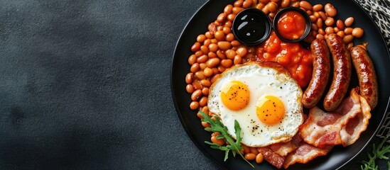 Fototapete - English breakfast featuring fried eggs beans bacon and sausages Flat lay from above with copyspace