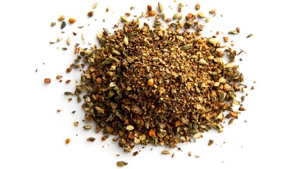 Za'atar spice ingredient on a white backgroundready for cooking with. A vibrant assortment of ground spices arranged artfully on a white background. 