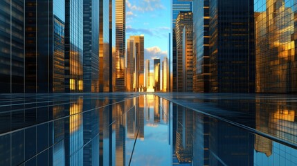 Modern Skyscrapers Reflecting in Glassy Surface at Sunset in Urban Cityscape