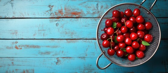 Poster - cherry berries in a colander on a blue wooden table summer food copy space