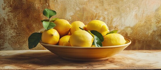 Poster - Fresh Sicilian lemons in a ceramic bowl with selective focus. with copy space image. Place for adding text or design